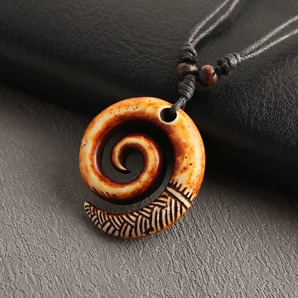 New Handmade Boho Hawaiian Tribal Engraved Spiral Helix Hook Pendant Necklace